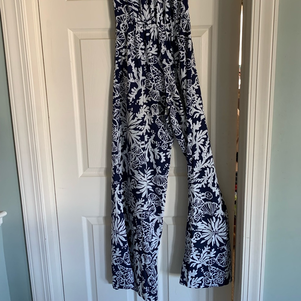 Lilly Pulitzer Strapless Flowy Leg Jumpsuit Navy and White Pattern